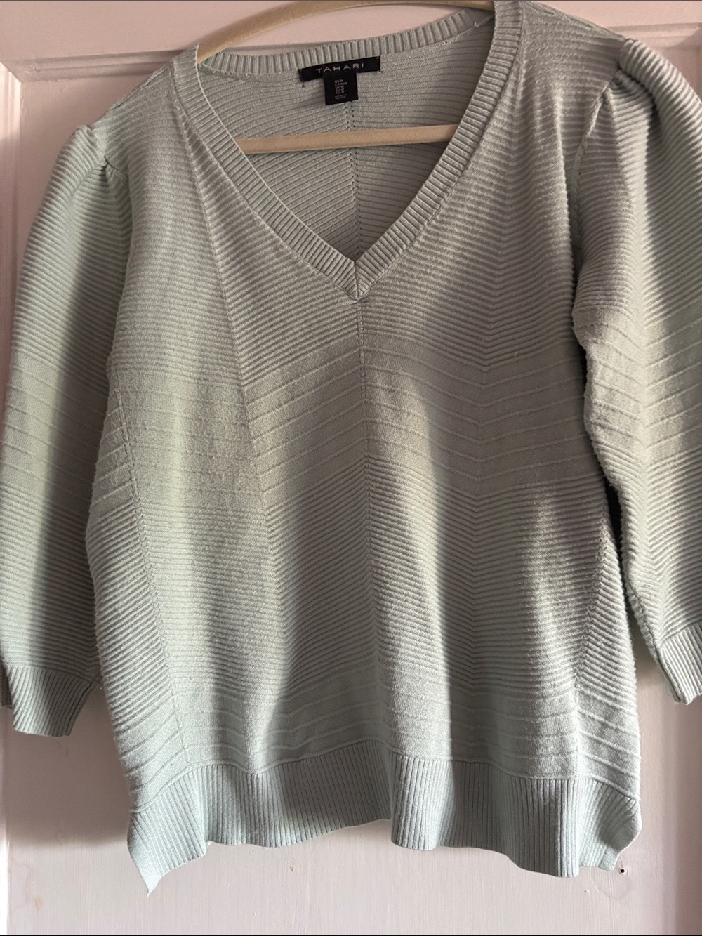 Tahari Soft Mint V-Neck Textured Knit Sweater